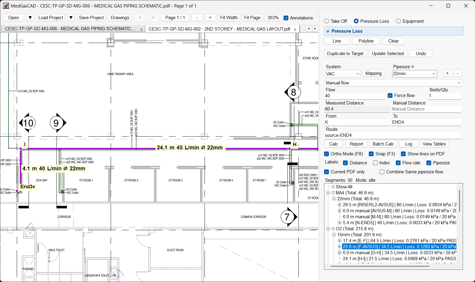 MedGasCAD pressure loss calculation workspace